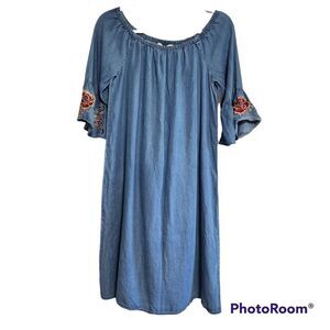Philosophy Midi Dress S chambray denim embroidered Bell Sleeve Western Cowgirl